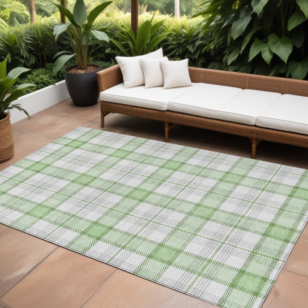 9' X 12' Mint Green And Beige Plaid Washable Indoor Outdoor Area Rug