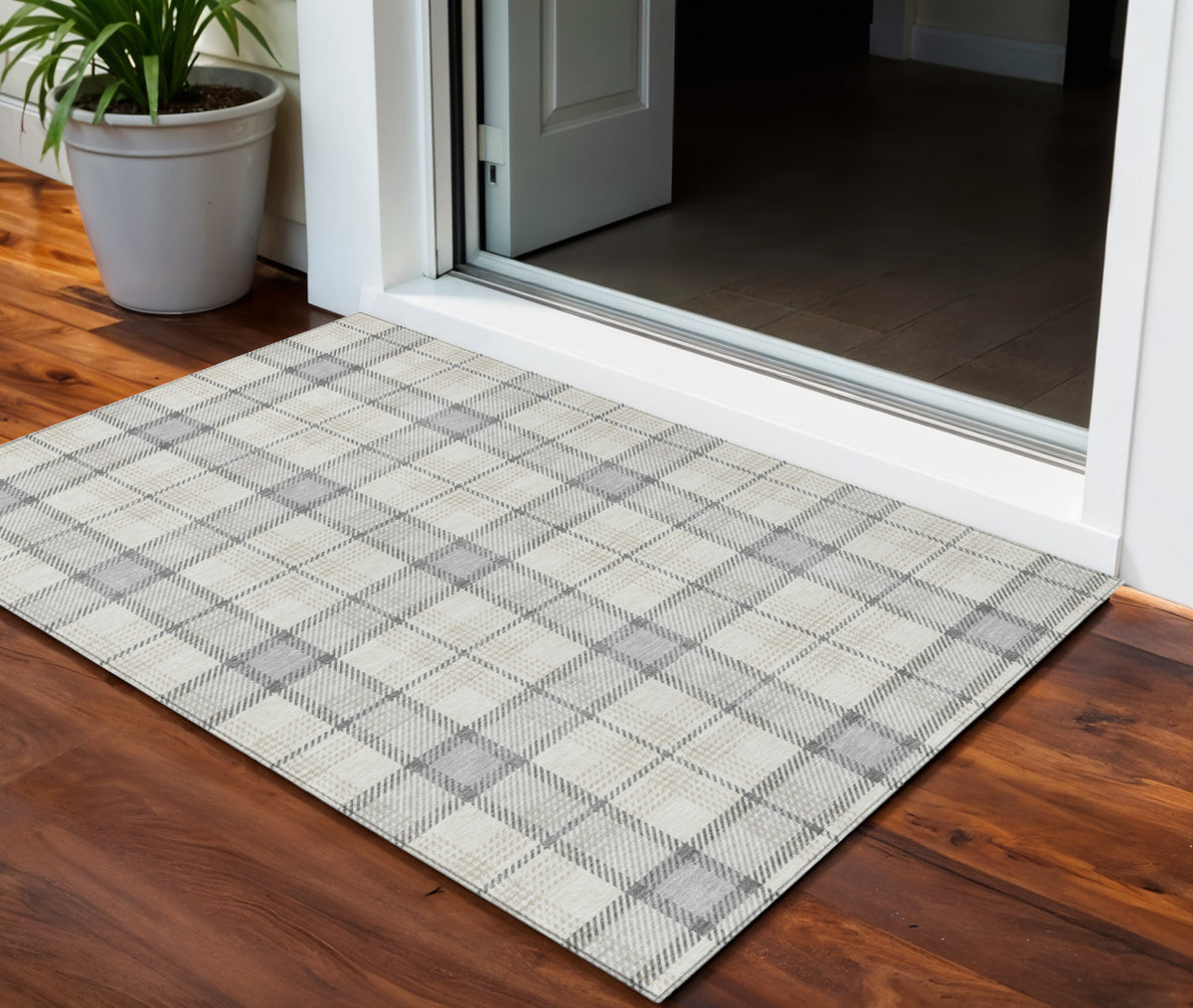 3' X 5' Silver And Gray Plaid Washable Indoor Outdoor Area Rug