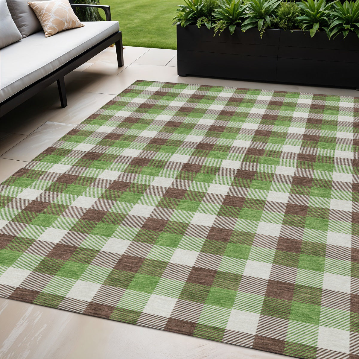 5' X 8' Brown Green And Beige Plaid Washable Indoor Outdoor Area Rug