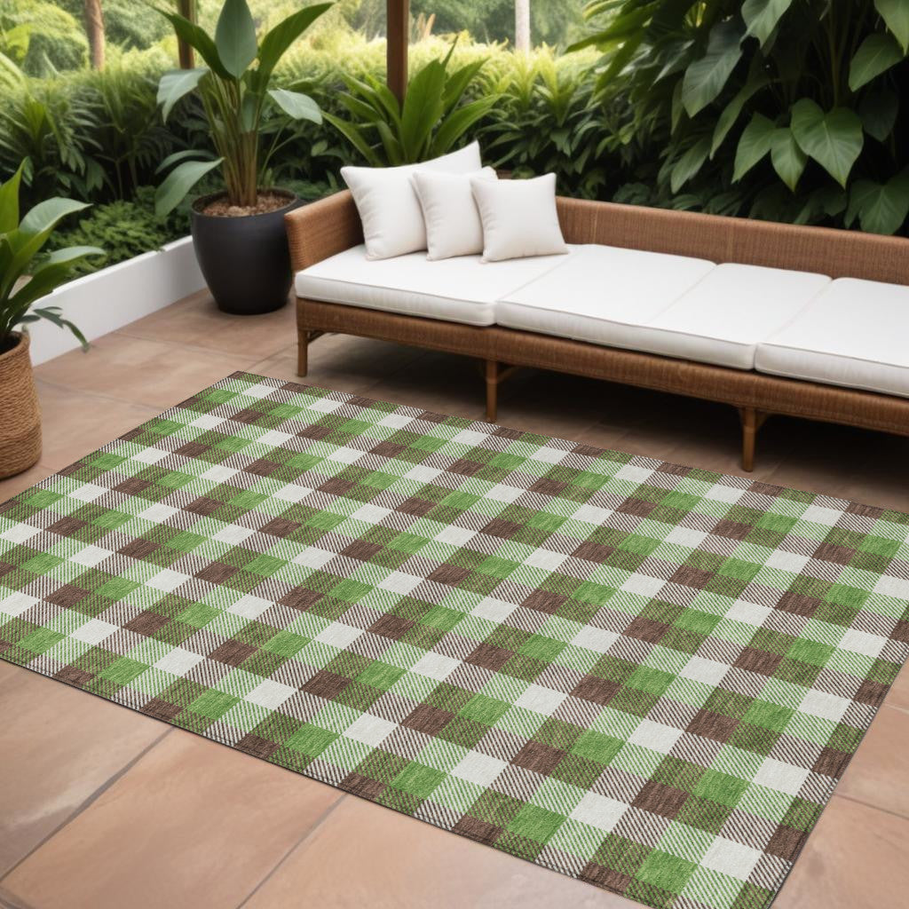 9' X 12' Brown Green And Beige Plaid Washable Indoor Outdoor Area Rug