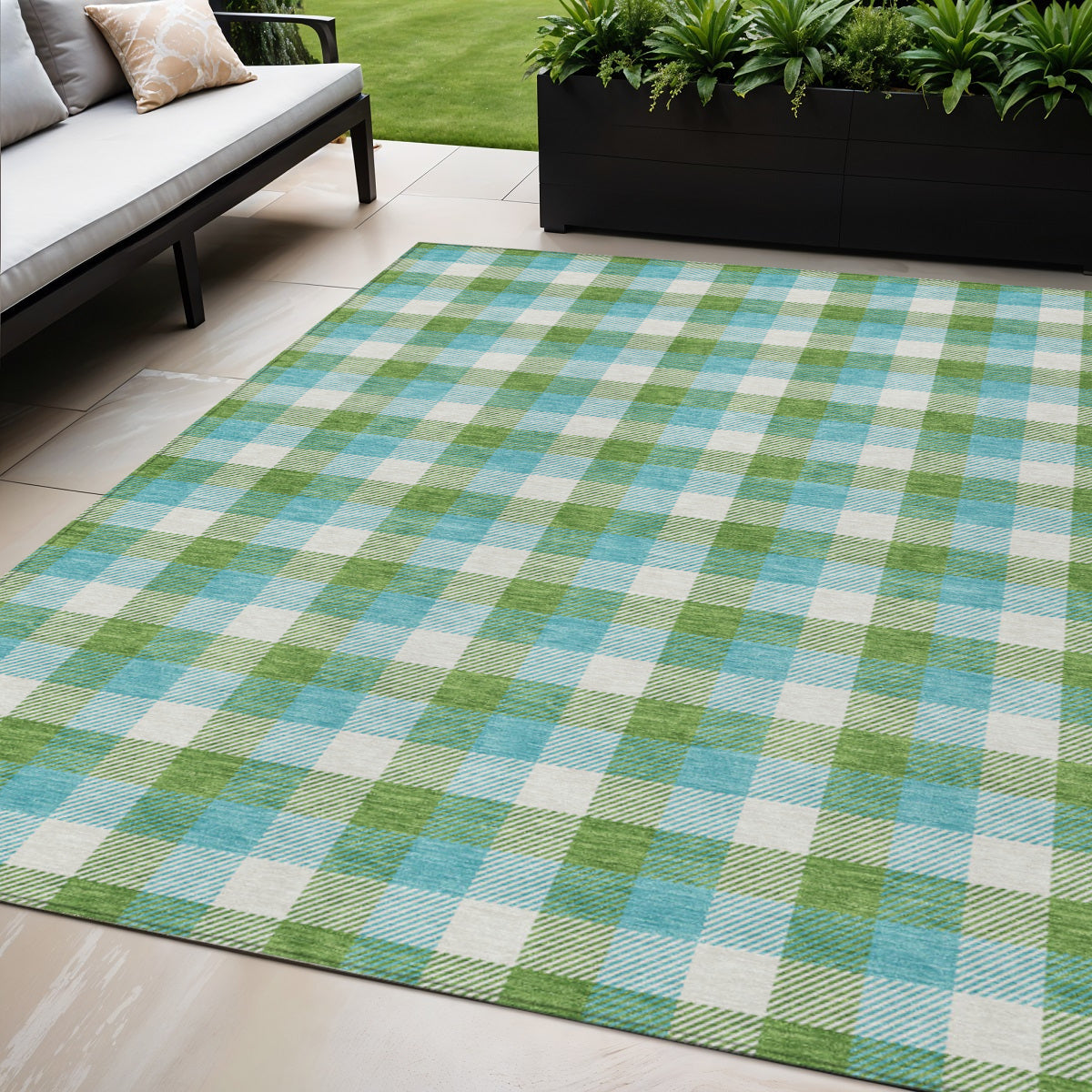 5' X 8' Lime Green Aqua And Beige Plaid Washable Indoor Outdoor Area Rug
