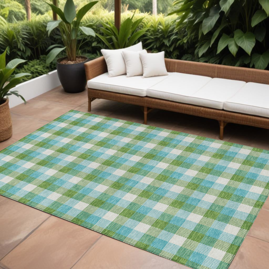 9' X 12' Lime Green Aqua And Beige Plaid Washable Indoor Outdoor Area Rug