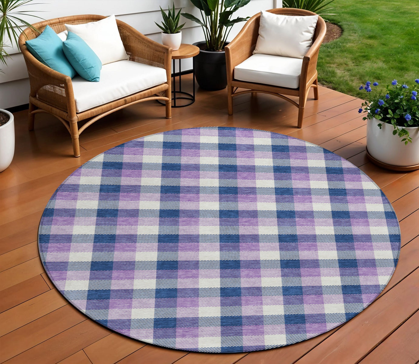 8' Navy Blue Purple And Beige Round Plaid Washable Indoor Outdoor Area Rug