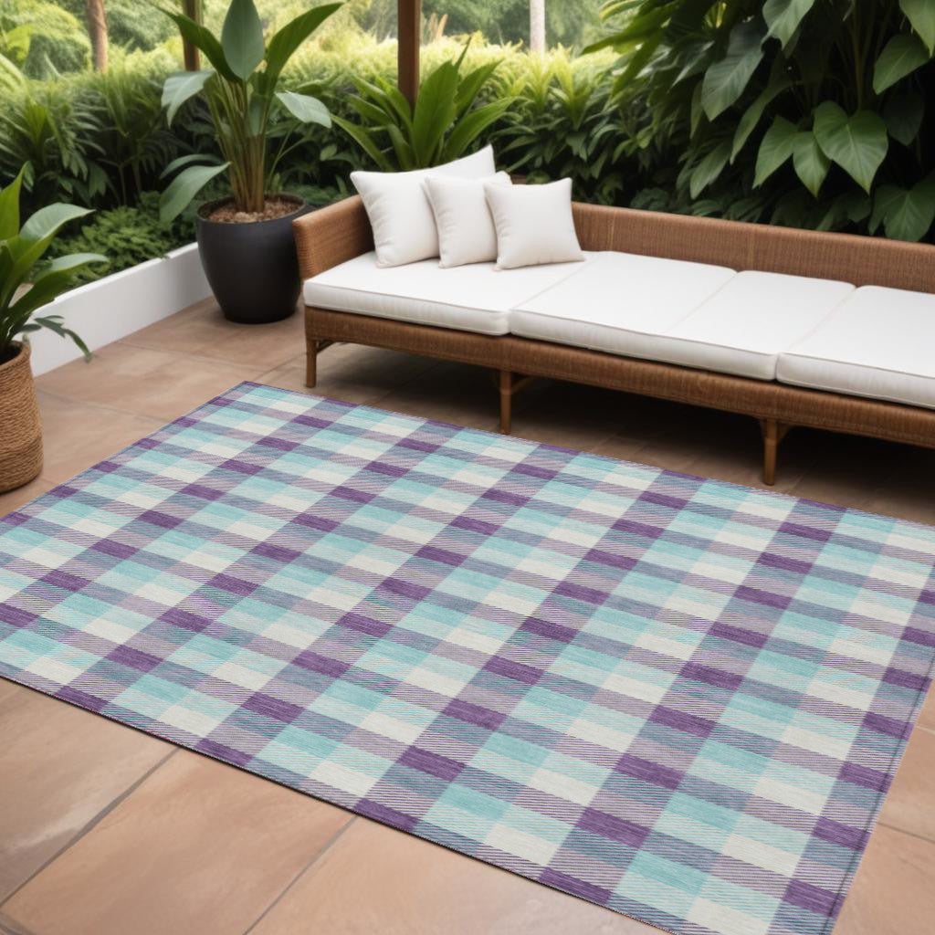 9' X 12' Purple Aqua And Beige Plaid Washable Indoor Outdoor Area Rug