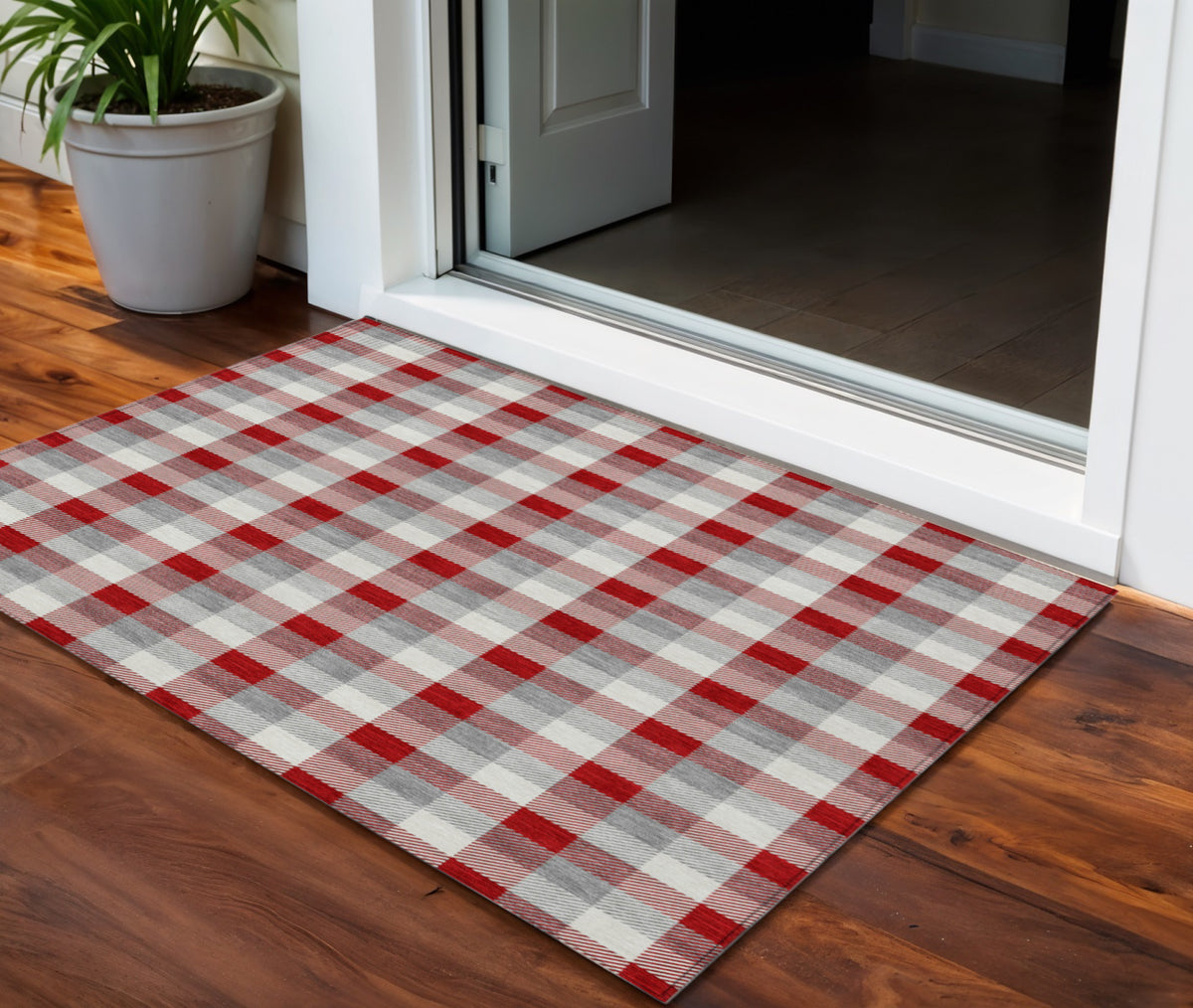 3' X 5' Red Gray And Beige Plaid Washable Indoor Outdoor Area Rug
