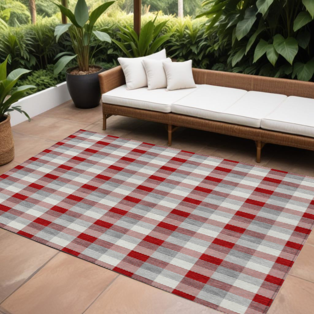 9' X 12' Red Gray And Beige Plaid Washable Indoor Outdoor Area Rug