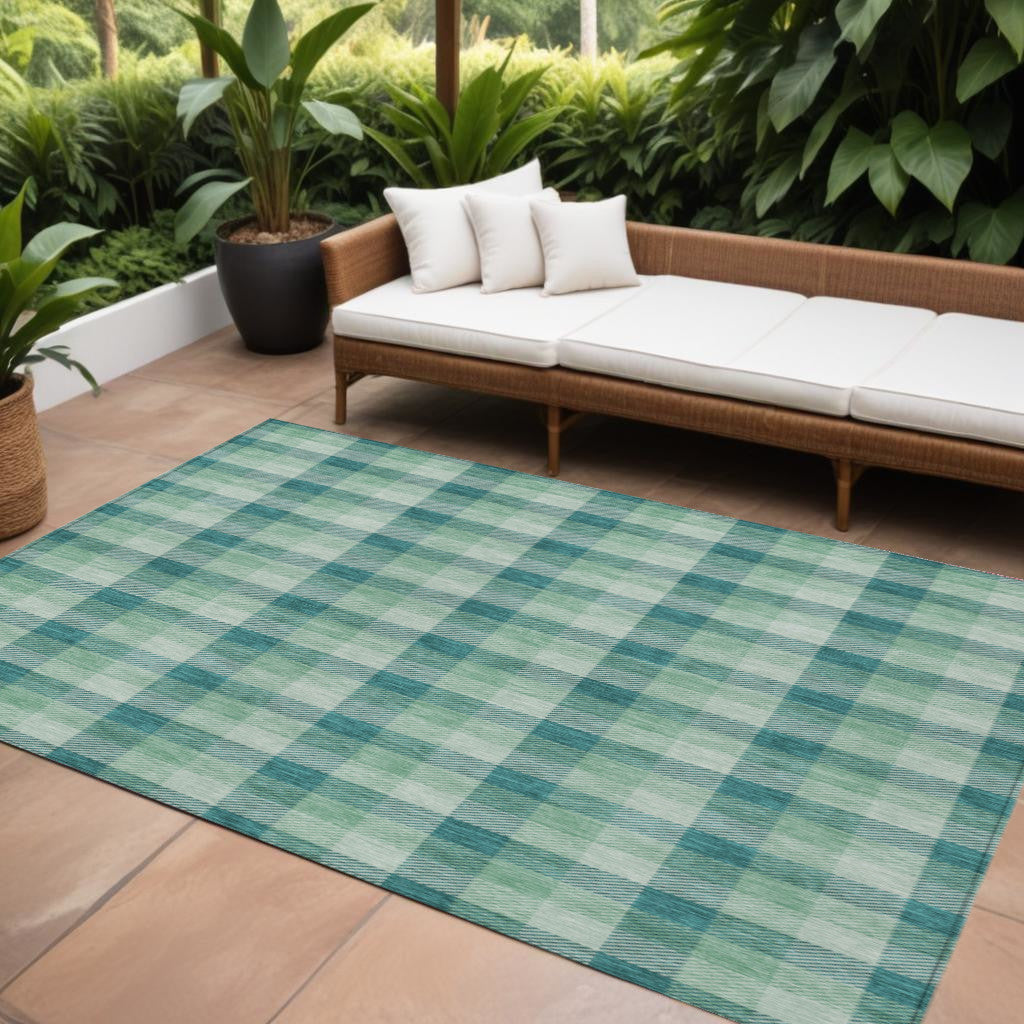 10' X 14' Blue And Green Plaid Washable Indoor Outdoor Area Rug