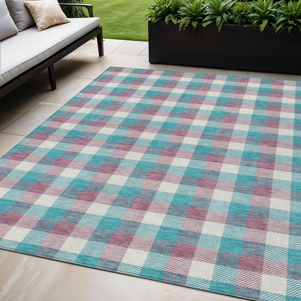 5' X 8' Teal Blue Purple And Beige Plaid Washable Indoor Outdoor Area Rug