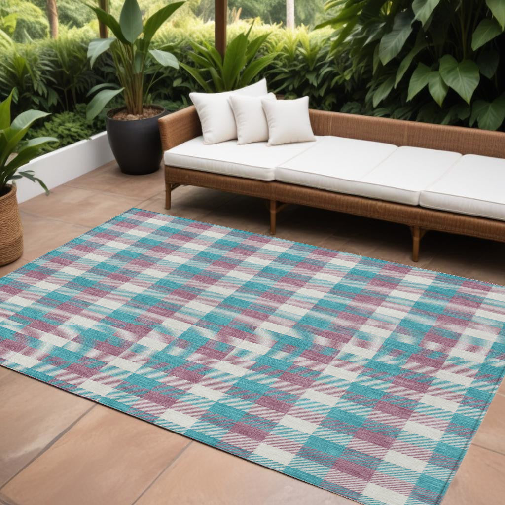 9' X 12' Teal Blue Purple And Beige Plaid Washable Indoor Outdoor Area Rug