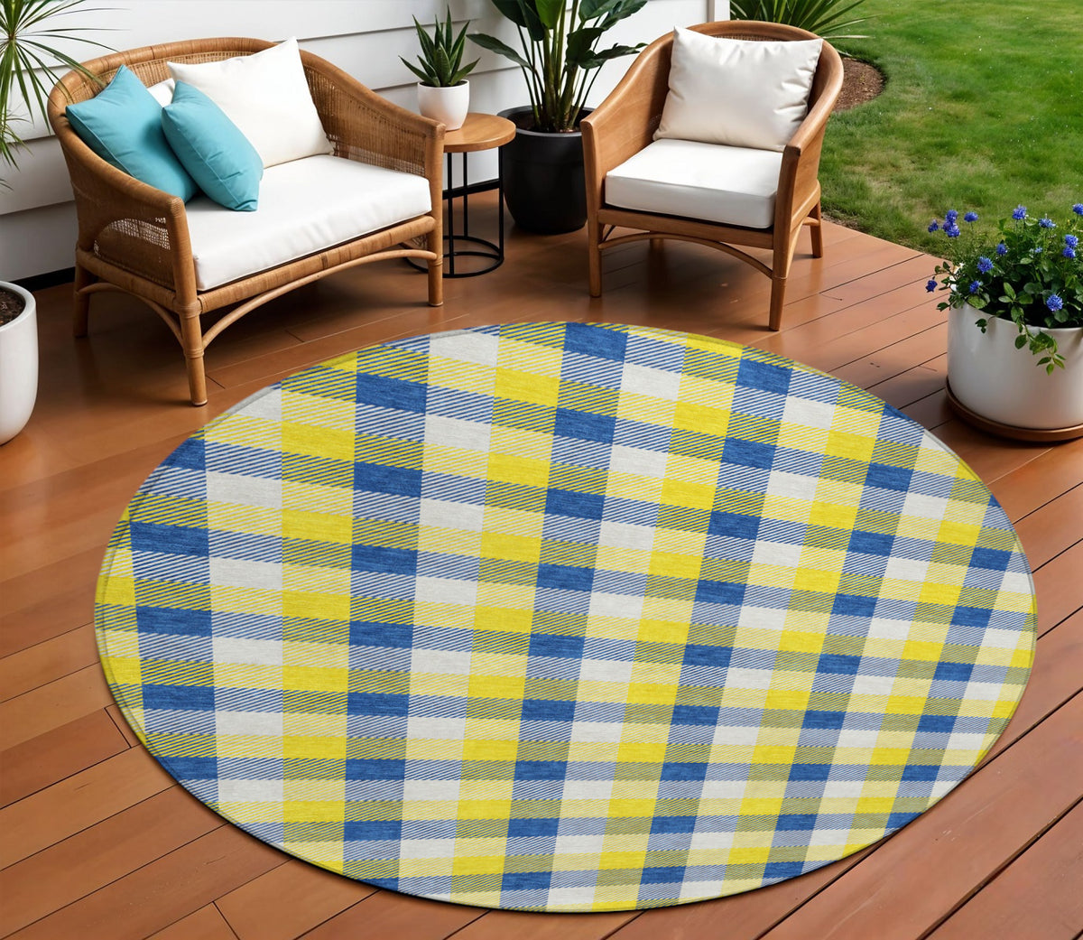 8' Yellow Blue And Beige Round Plaid Washable Indoor Outdoor Area Rug