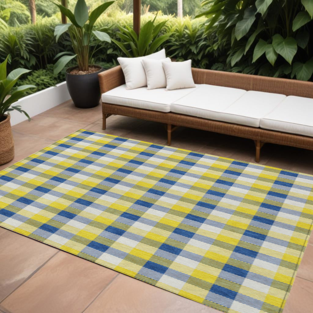 10' X 14' Yellow Blue And Beige Plaid Washable Indoor Outdoor Area Rug