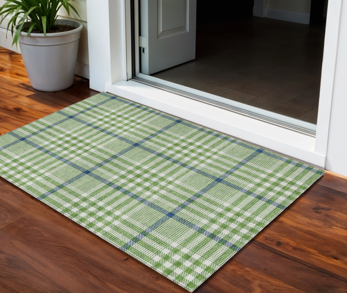 3' X 5' Green And Ivory Plaid Washable Indoor Outdoor Area Rug