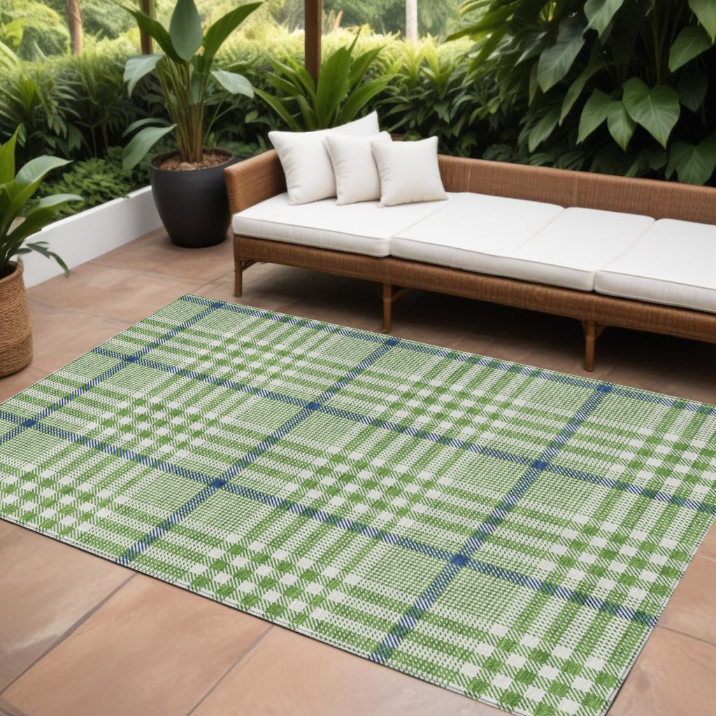 9' X 12' Green And Ivory Plaid Washable Indoor Outdoor Area Rug
