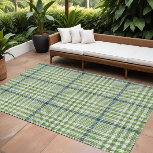 10' X 14' Green And Ivory Plaid Washable Indoor Outdoor Area Rug