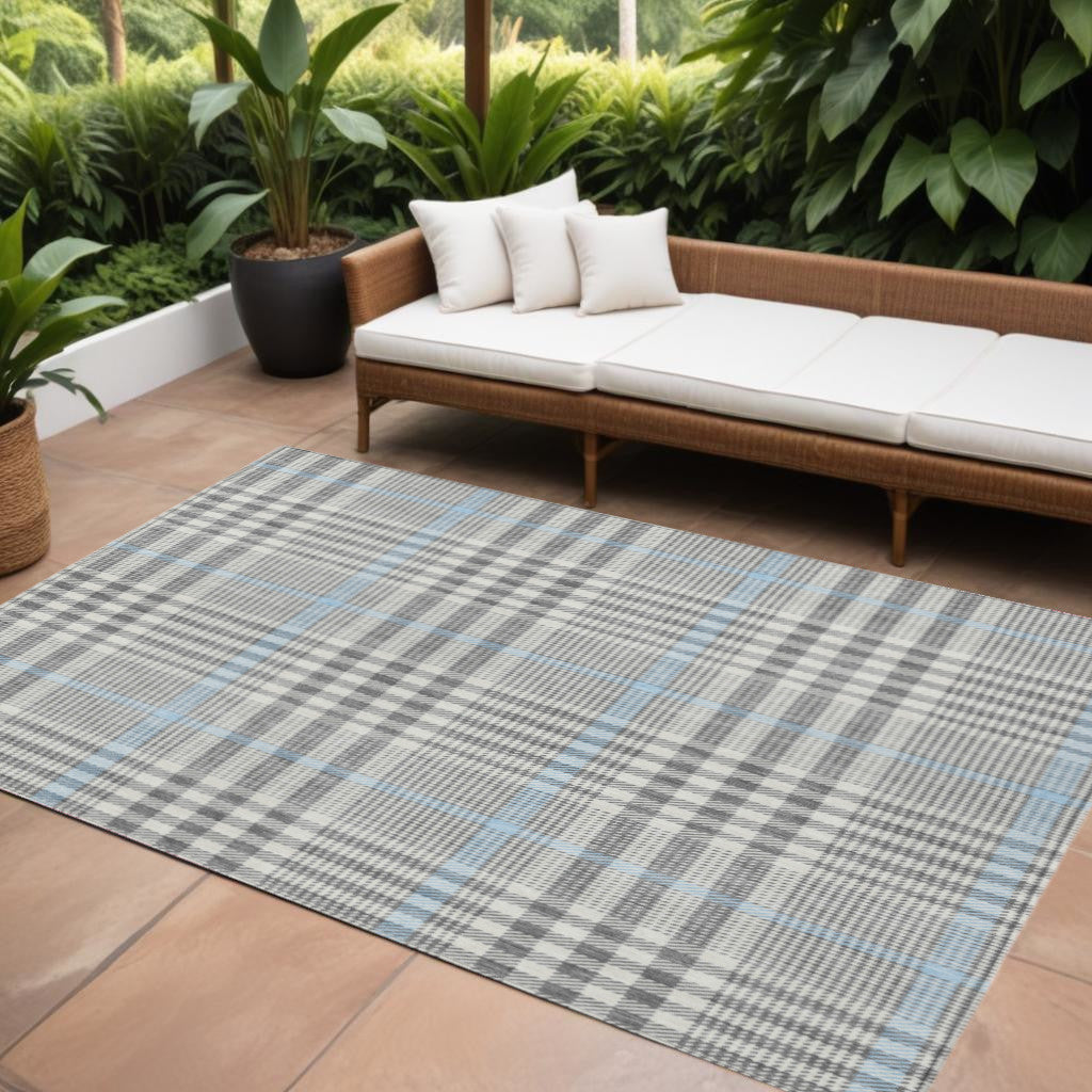 9' X 12' Gray Blue And Beige Plaid Washable Indoor Outdoor Area Rug