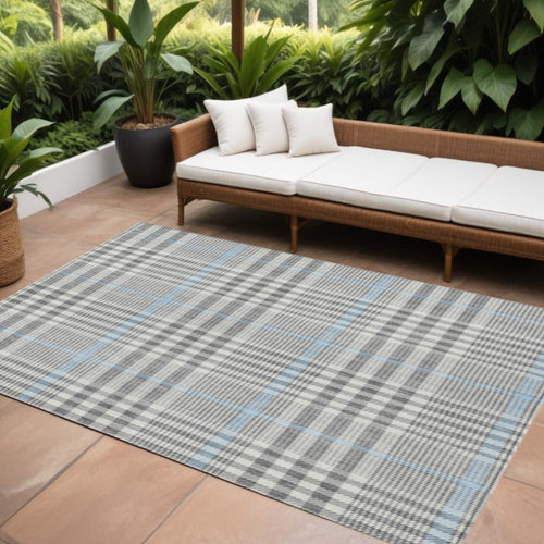 10' X 14' Gray Blue And Beige Plaid Washable Indoor Outdoor Area Rug