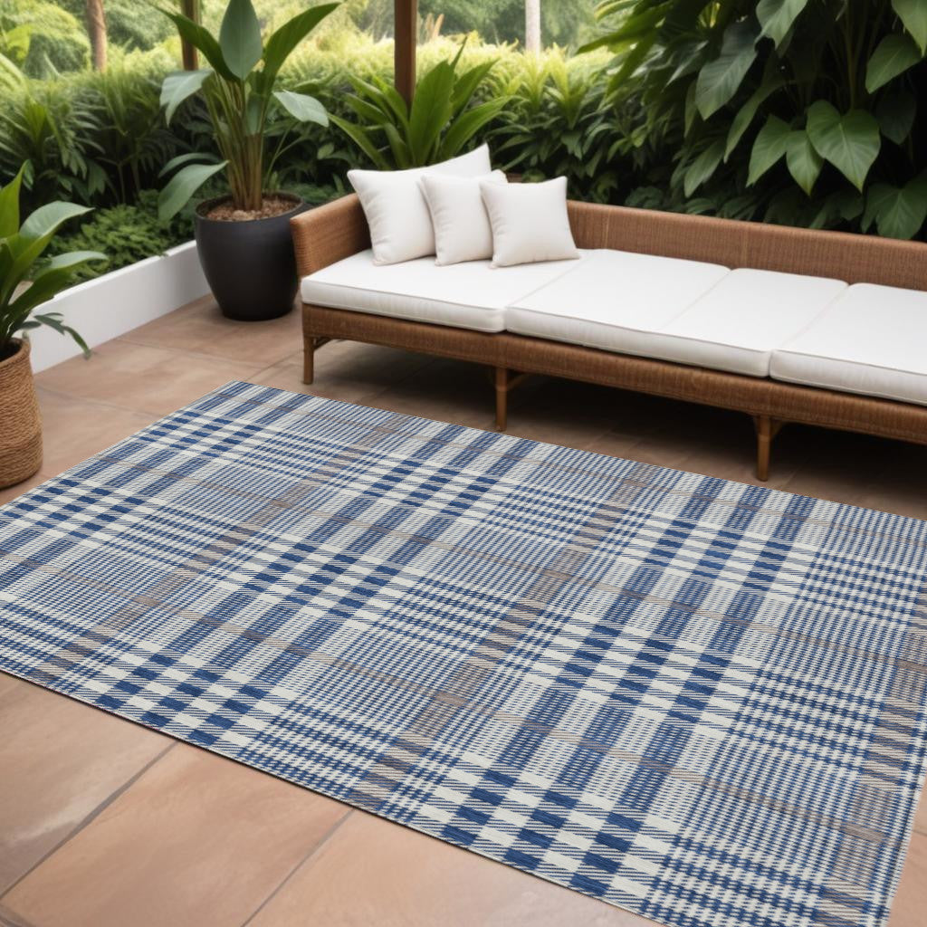 9' X 12' Navy Blue Ivory And Brown Plaid Washable Indoor Outdoor Area Rug