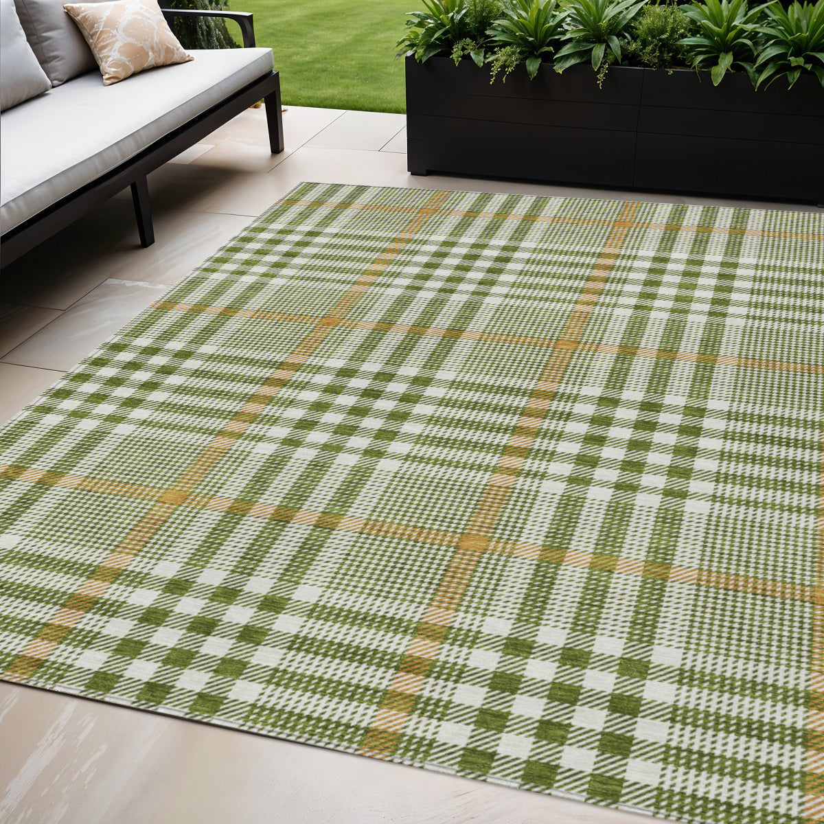 5' X 8' Olive Green Brown And Ivory Plaid Washable Indoor Outdoor Area Rug