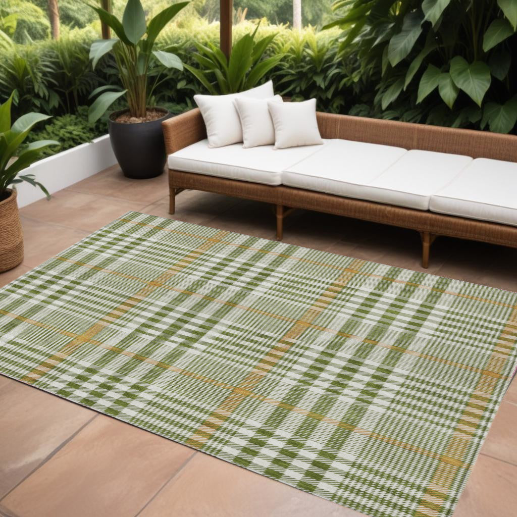 9' X 12' Olive Green Brown And Ivory Plaid Washable Indoor Outdoor Area Rug