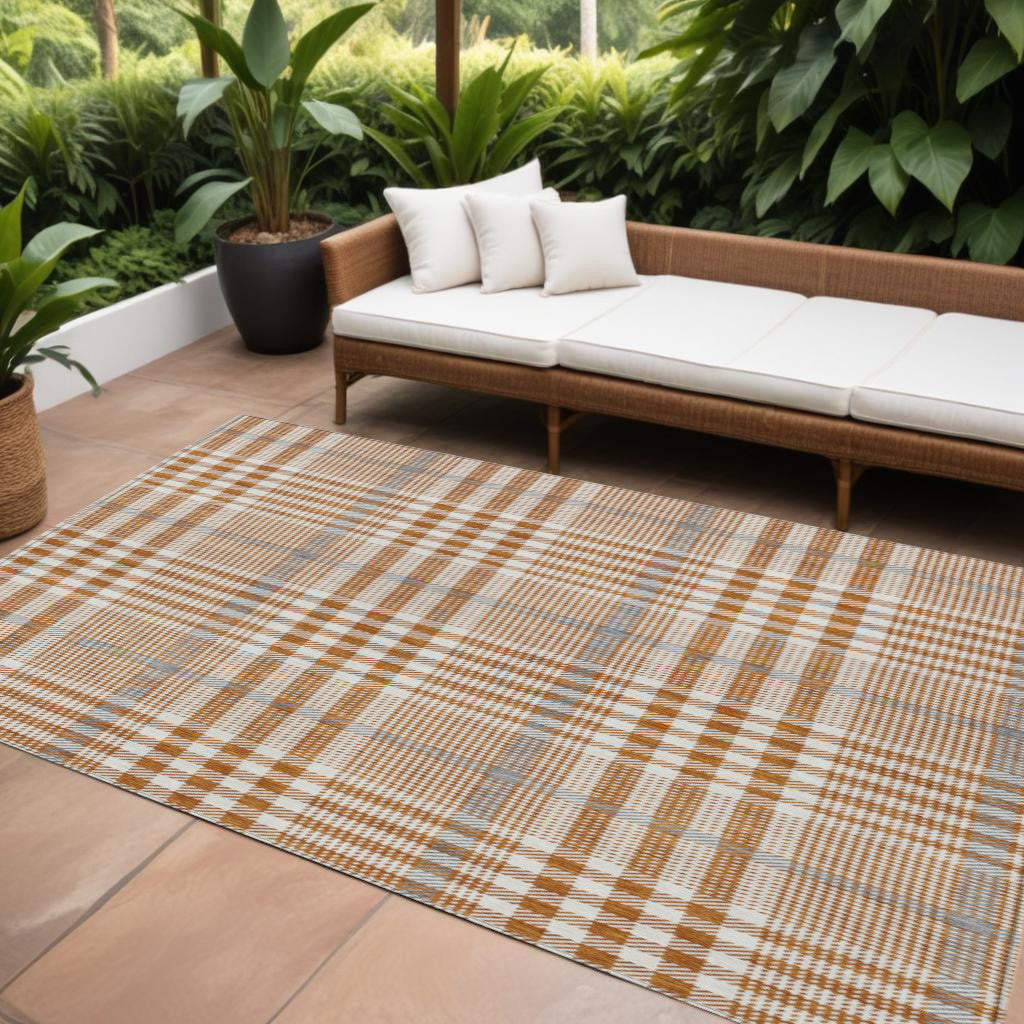9' X 12' Brown Beige And Beige Plaid Washable Indoor Outdoor Area Rug