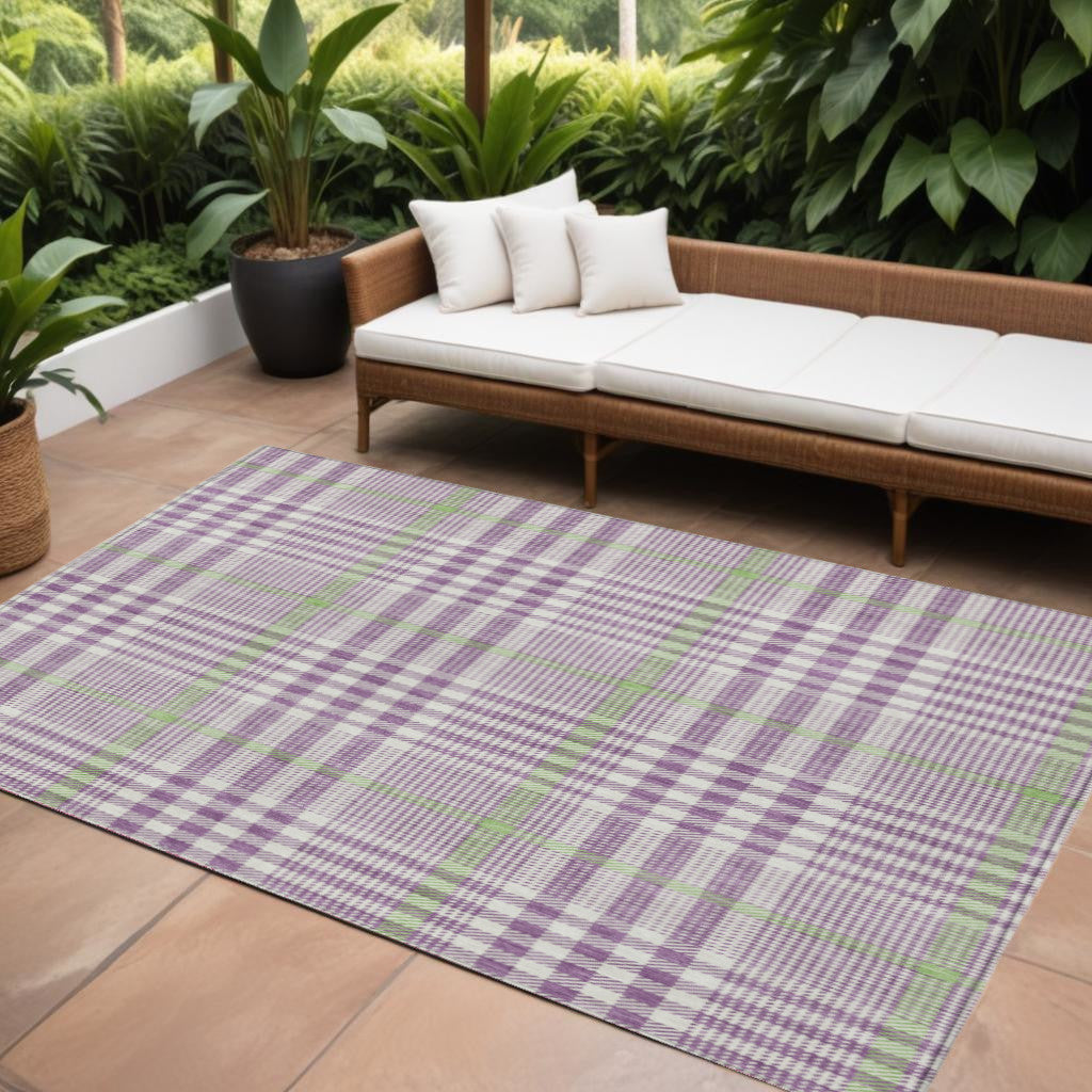 9' X 12' Purple Green And Ivory Plaid Washable Indoor Outdoor Area Rug