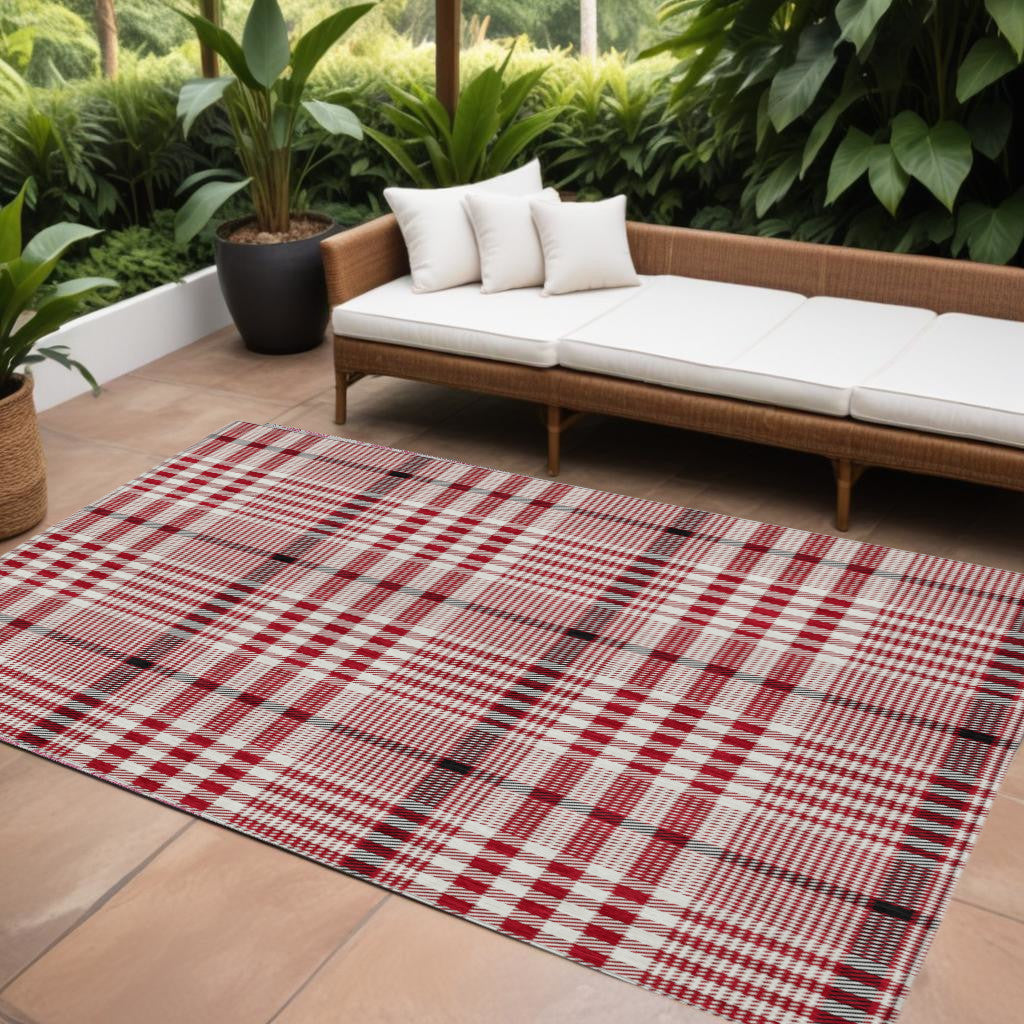 9' X 12' Red Black And Ivory Plaid Washable Indoor Outdoor Area Rug