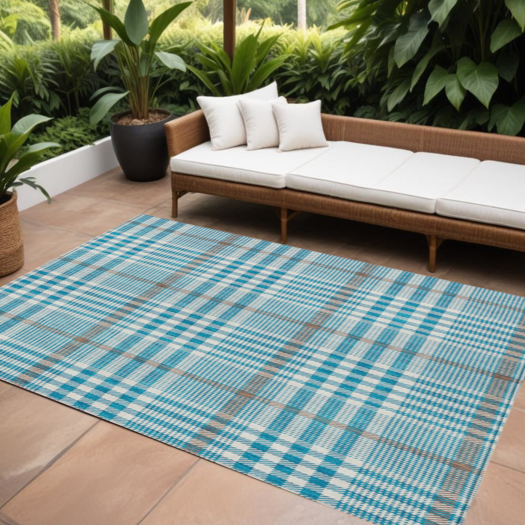 9' X 12' Teal Blue Ivory And Brown Plaid Washable Indoor Outdoor Area Rug
