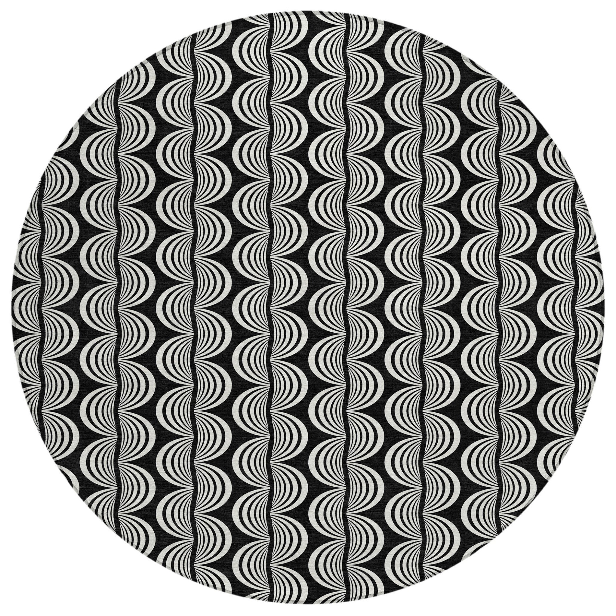 8' Black And Ivory Round Ogee Washable Indoor Outdoor Area Rug