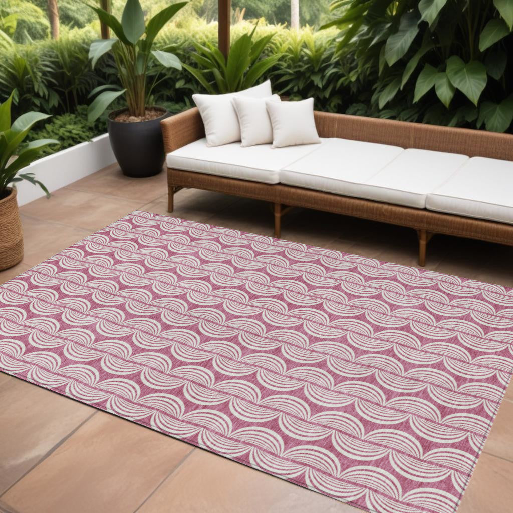 10' X 14' Blush And Beige Ogee Washable Indoor Outdoor Area Rug