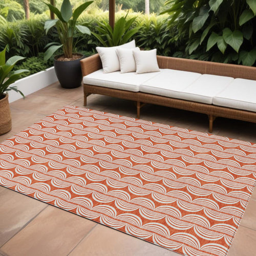 10' X 14' Coral And Beige Ogee Washable Indoor Outdoor Area Rug