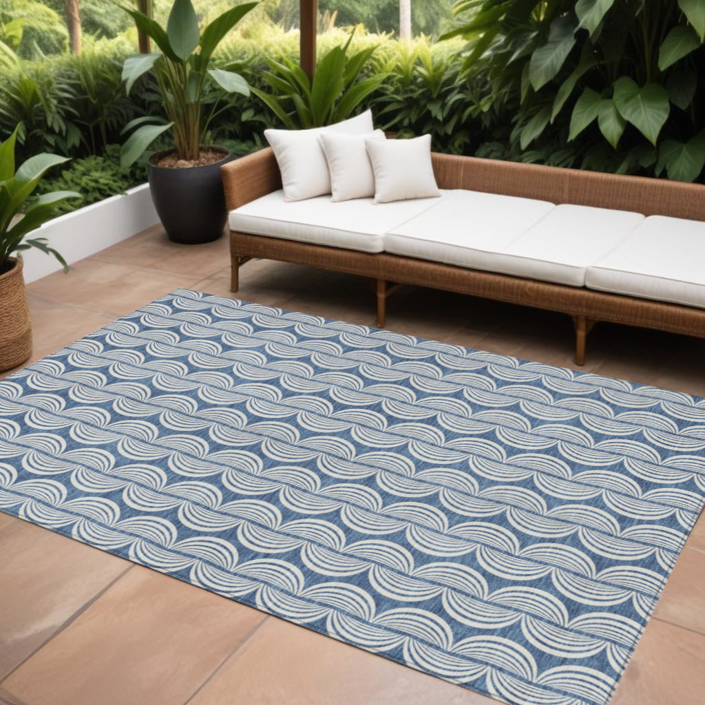 9' X 12' Denim Blue And Ivory Ogee Washable Indoor Outdoor Area Rug