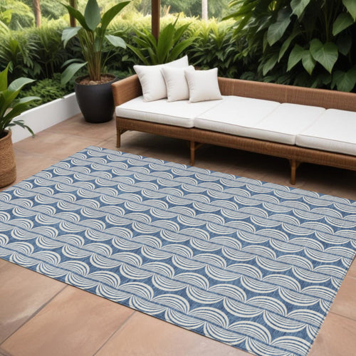 10' X 14' Denim Blue And Ivory Ogee Washable Indoor Outdoor Area Rug