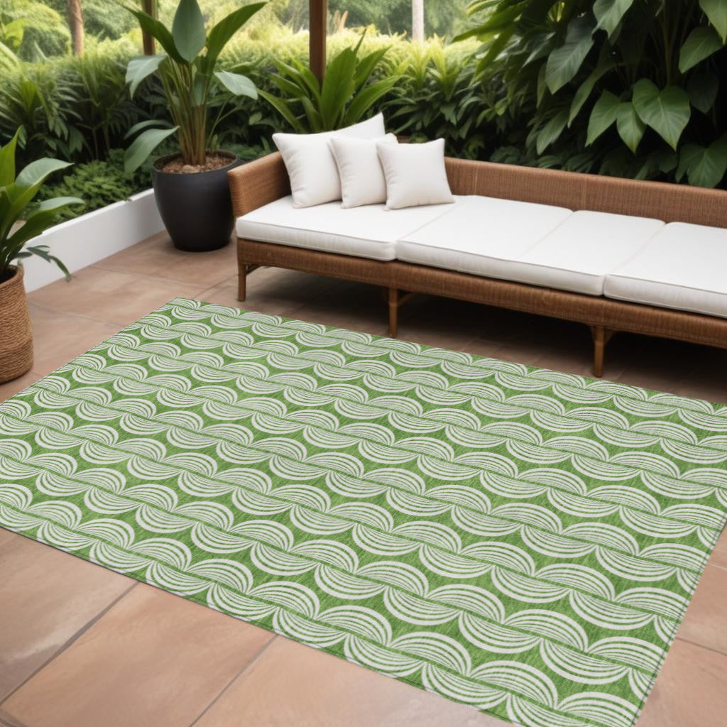 9' X 12' Green And Ivory Ogee Washable Indoor Outdoor Area Rug