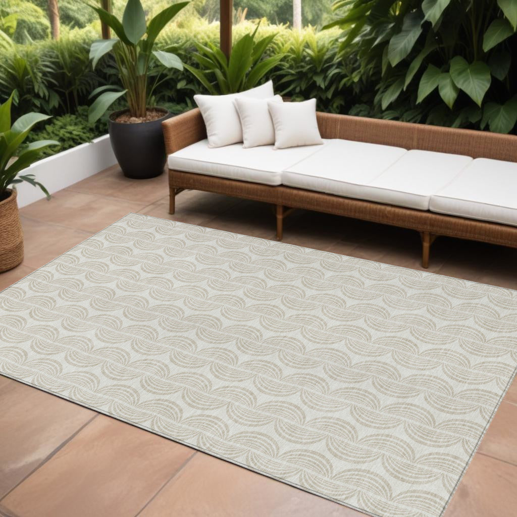 9' X 12' Ivory And Beige Ogee Washable Indoor Outdoor Area Rug