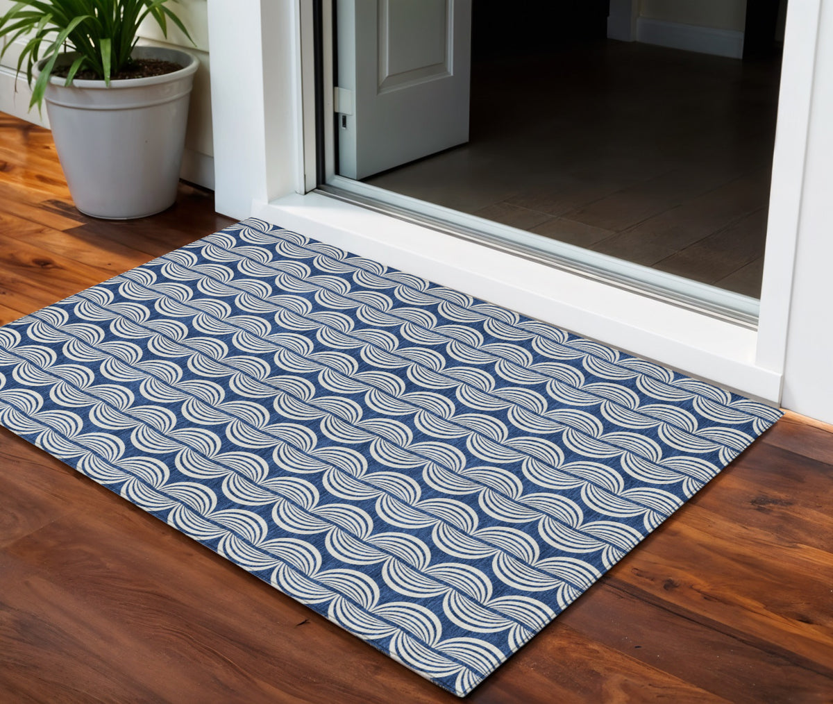 3' X 5' Navy Blue And Ivory Ogee Washable Indoor Outdoor Area Rug