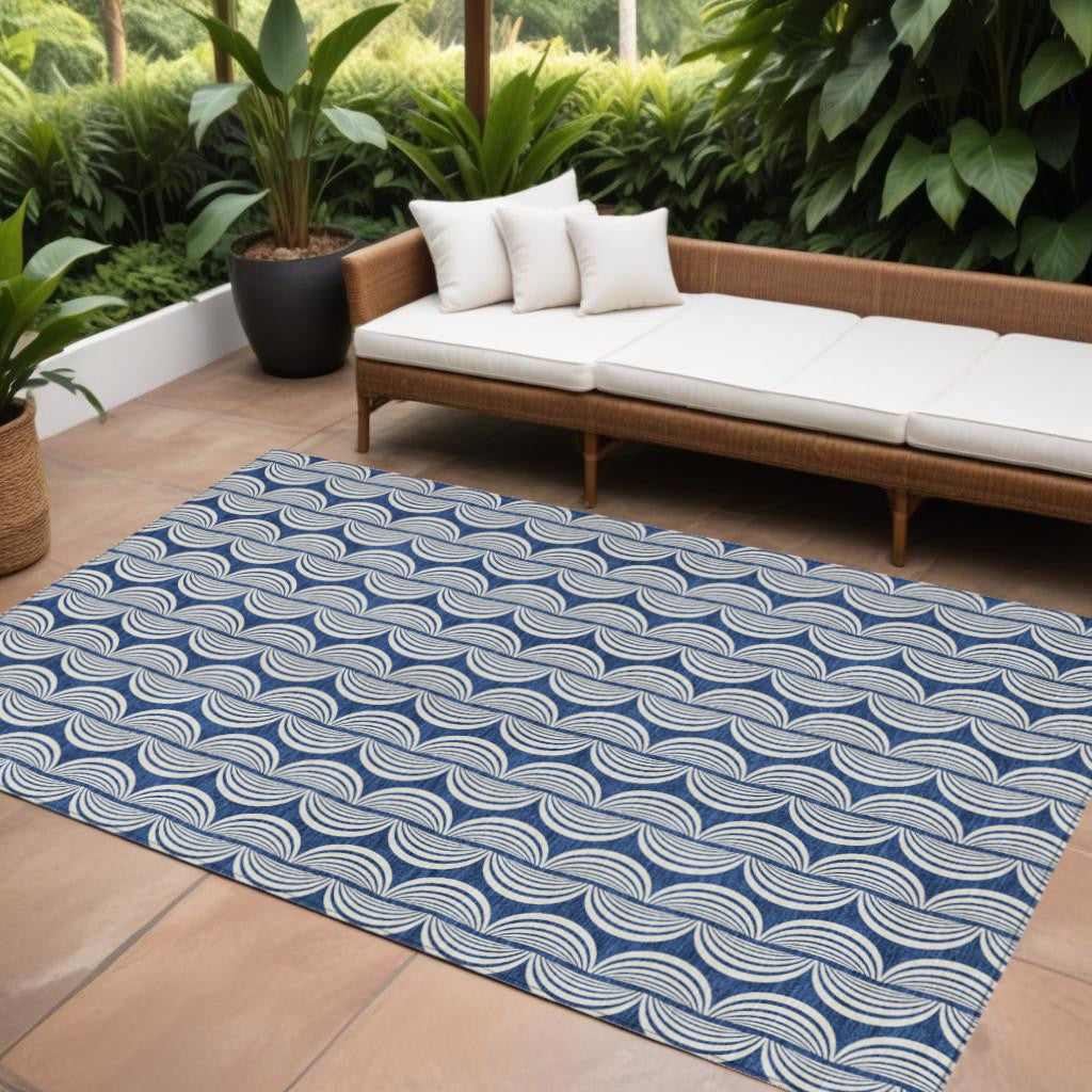 9' X 12' Navy Blue And Ivory Ogee Washable Indoor Outdoor Area Rug