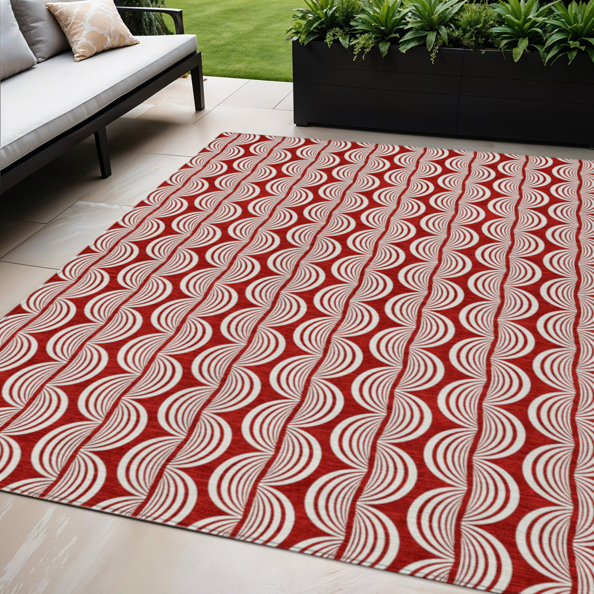 5' X 8' Red And Ivory Ogee Washable Indoor Outdoor Area Rug