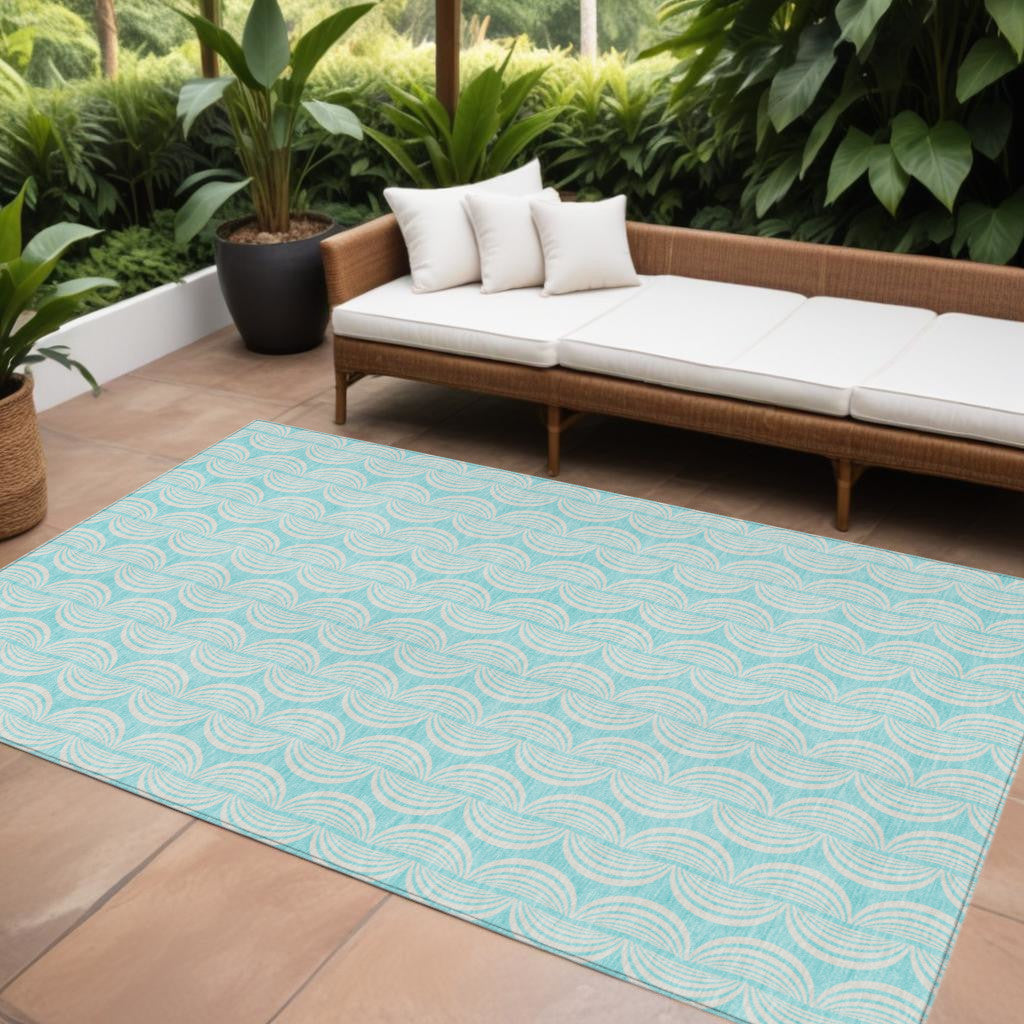 10' X 14' Aqua And Beige Ogee Washable Indoor Outdoor Area Rug