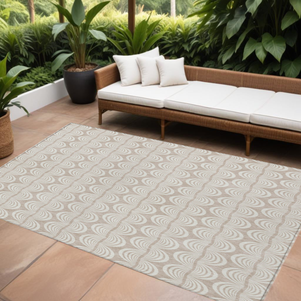 9' X 12' Khaki And Beige Ogee Washable Indoor Outdoor Area Rug