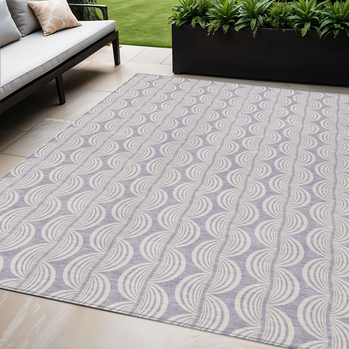 5' X 8' Lavender And Ivory Ogee Washable Indoor Outdoor Area Rug