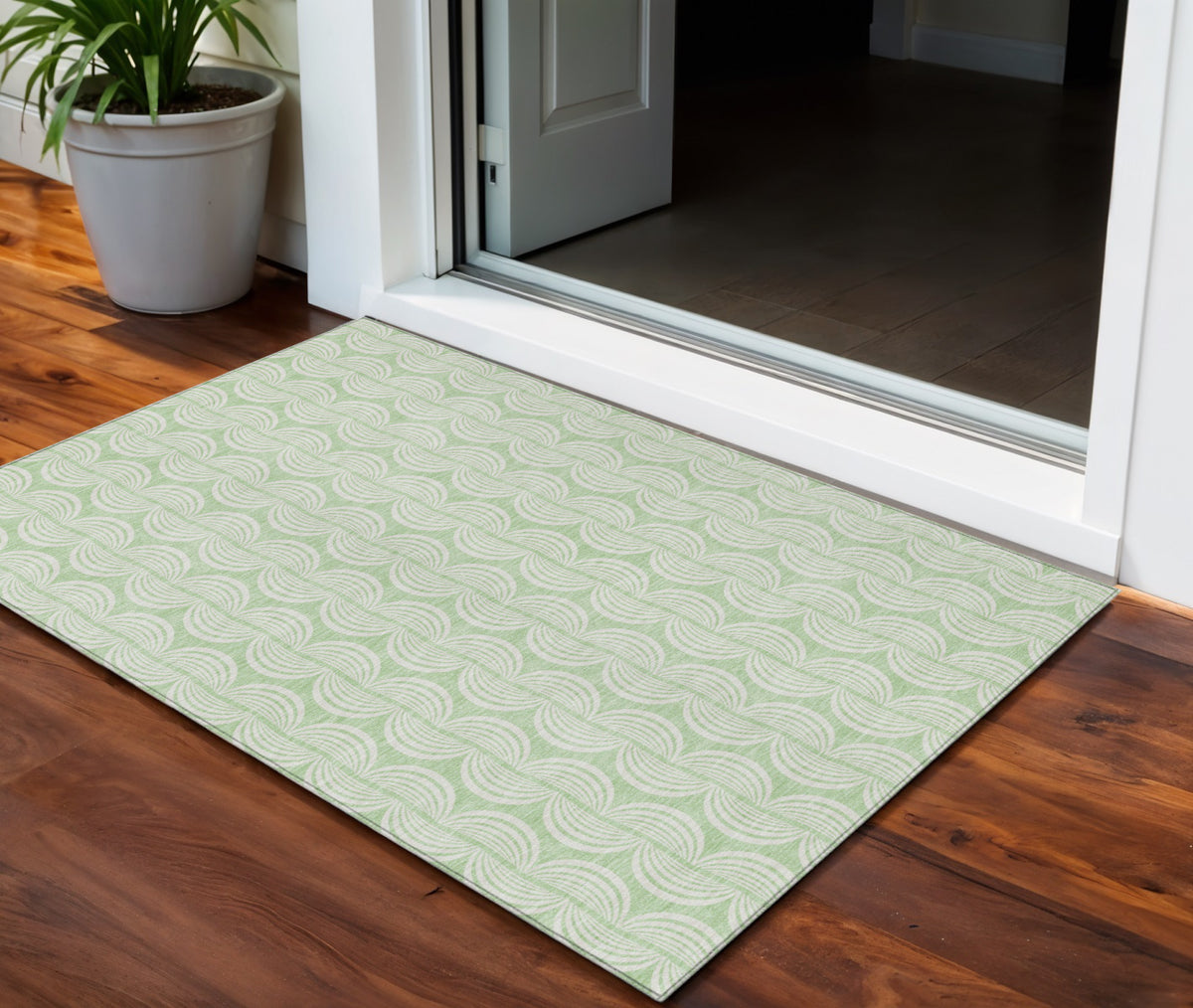3' X 5' Mint Green And Beige Ogee Washable Indoor Outdoor Area Rug
