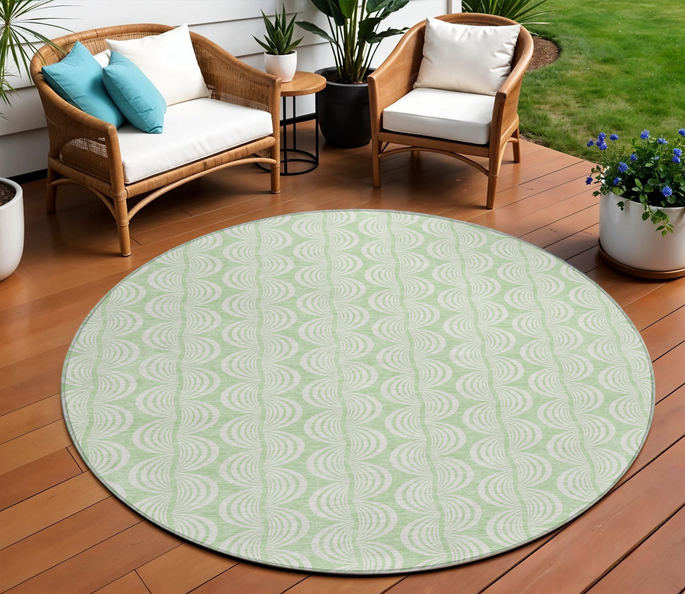 8' Mint Green And Beige Round Ogee Washable Indoor Outdoor Area Rug