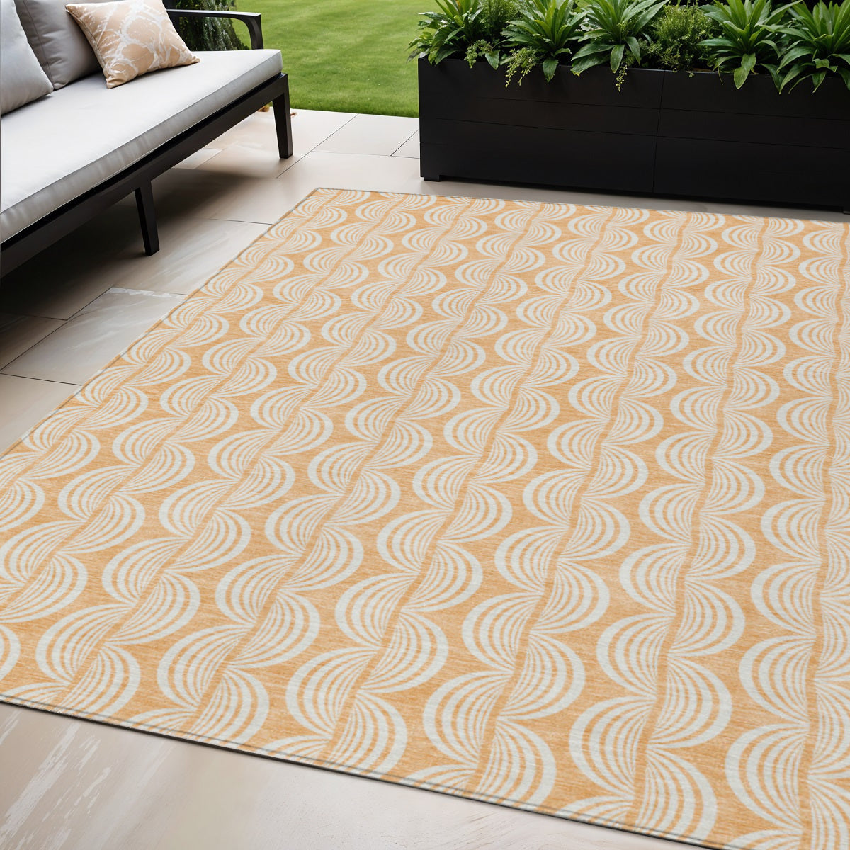 5' X 8' Peach And Beige Ogee Washable Indoor Outdoor Area Rug