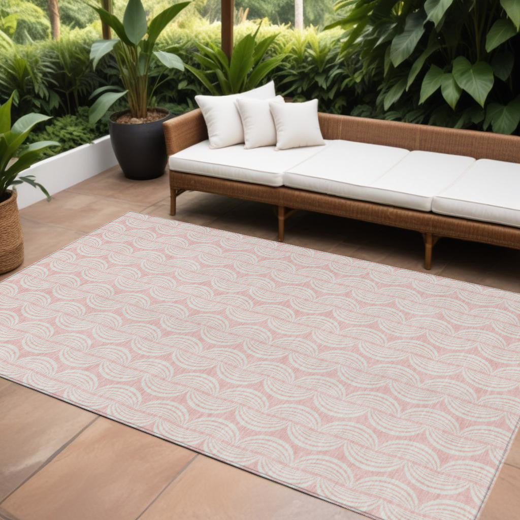 10' X 14' Pink And Gray Ogee Washable Indoor Outdoor Area Rug