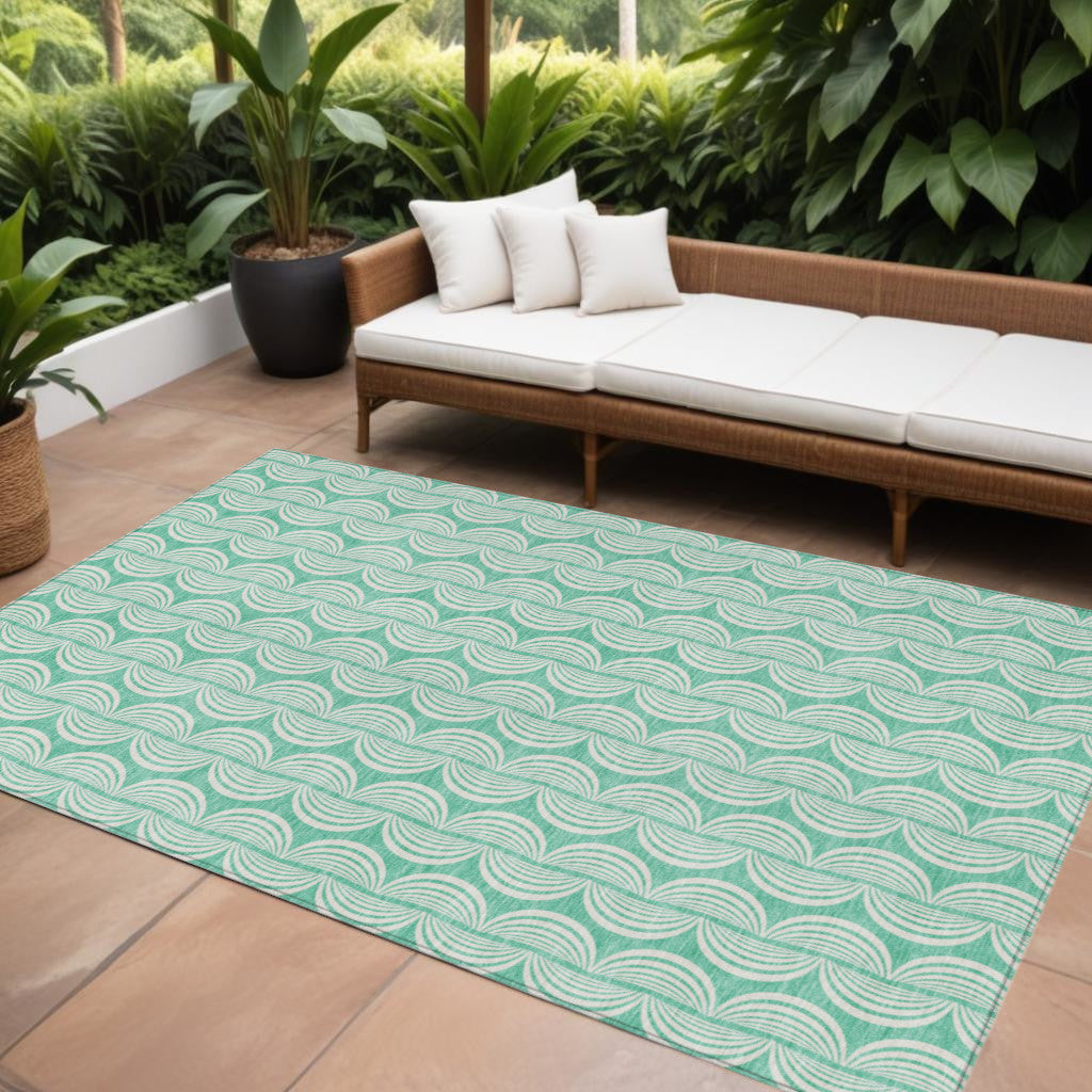 10' X 14' Blue And Ivory Ogee Washable Indoor Outdoor Area Rug
