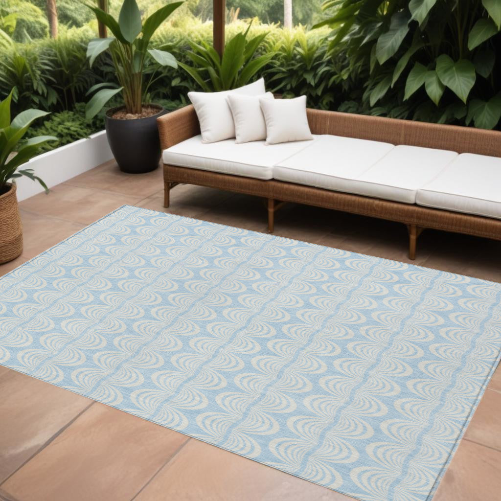 9' X 12' Sky Blue And Beige Ogee Washable Indoor Outdoor Area Rug