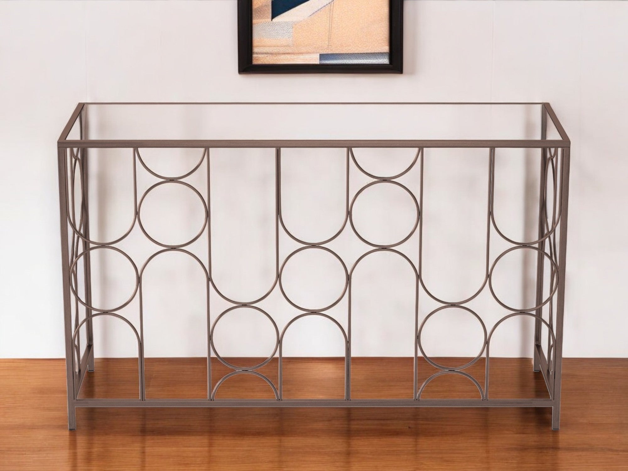 50'' Clear and Bronze Glass and Steel Abstract Console Table