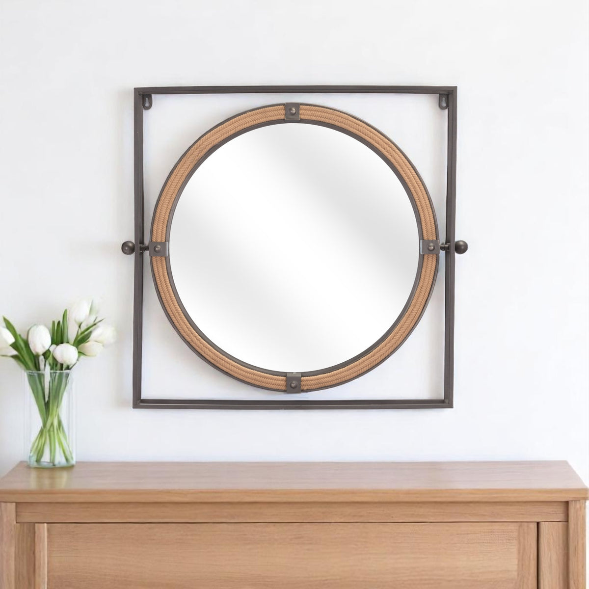 22'' Gray And Natural Steel And Rope Geo Framed Accent Mirror