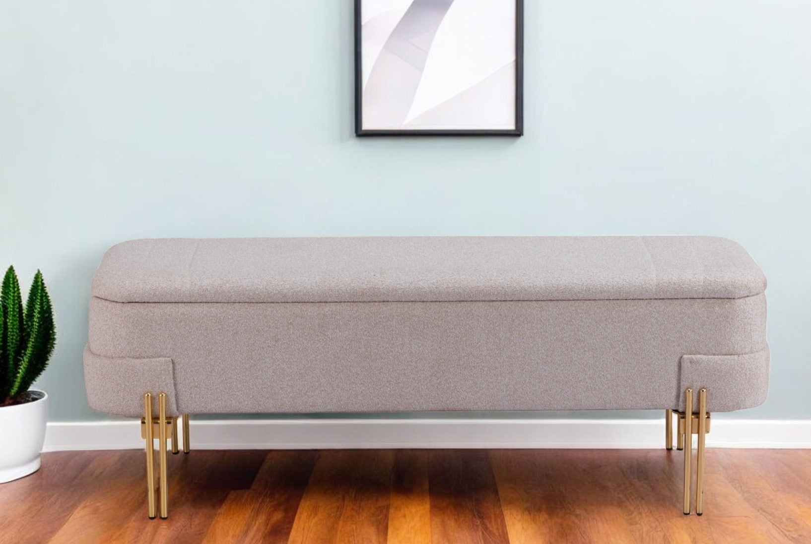 46'' Beige and Gold Boucle Upholstered Storage Bench with Flip Top