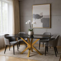 63 Black and Gold Marble and Metal Cross Leg Base Dining Table